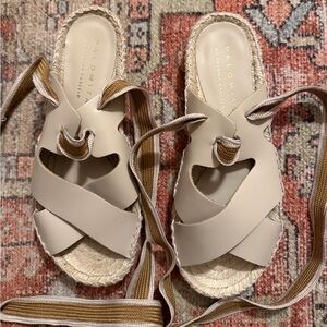 Palomitas Cream Leather Espadrille Sandals with Tan Ankle Ties 38 7.5